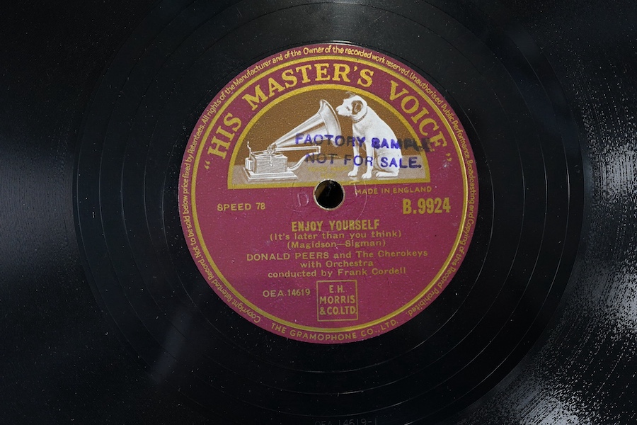 Kay O’Dwyer (Director of EMI) and the singer Donald Peers – an archive of documents, a large number of BBC related boxed 78rpm record acetates understood to be mainly recordings of Donald Peers, reel to reel tapes, sheet